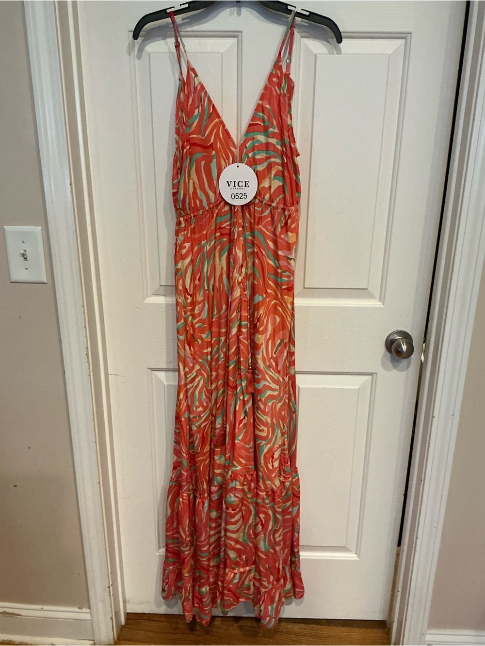 Orange & Green Printed Maxi Dress with V-Neck